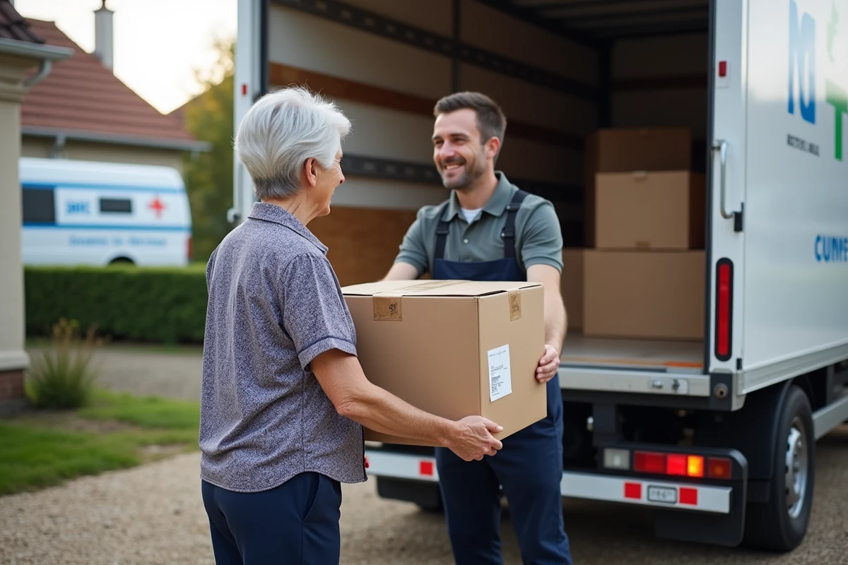 Femme retraitée remet une boîte à un déménageur devant sa maison