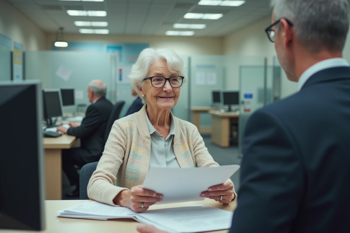 Femme retraitée remettant un dossier à un agent administratif