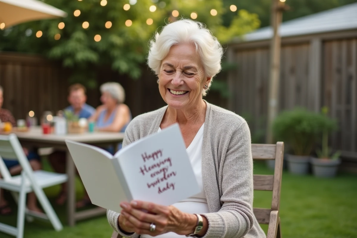 Femme retraitée lisant un message humoristique dans un jardin