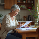 Femme d'âge moyen examine ses documents de pension à la maison