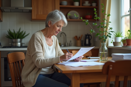 Femme d'âge moyen examine ses documents de pension à la maison