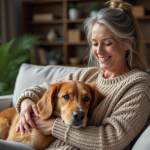 Femme assise avec chien retriever dans un salon chaleureux