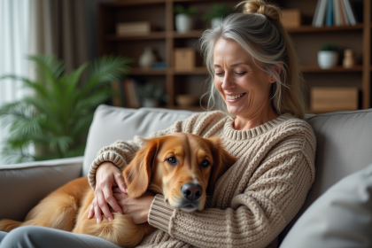 Femme assise avec chien retriever dans un salon chaleureux