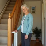 Femme senior debout à côté d'un ascenseur portable sur un escalier en bois dans une maison française
