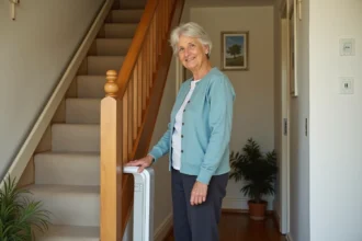 Femme senior debout à côté d'un ascenseur portable sur un escalier en bois dans une maison française