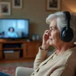Femme senior malentendante portant un casque TV sans fil dans son salon