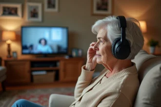 Femme senior malentendante portant un casque TV sans fil dans son salon