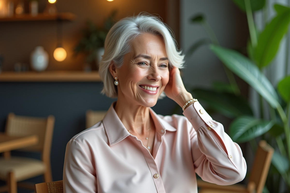 Femme élégante de 60 ans dans un salon cosy