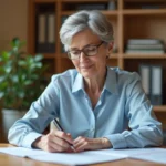 Femme senior remplissant des formulaires de retraite à son bureau à domicile, démarches retraite CARSAT Normandie