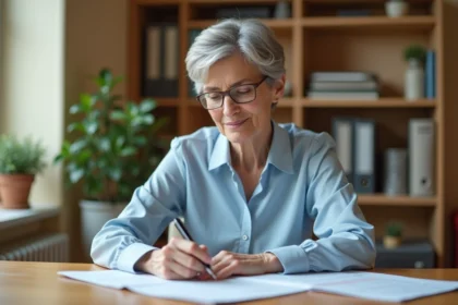 Femme senior remplissant des formulaires de retraite à son bureau à domicile, démarches retraite CARSAT Normandie