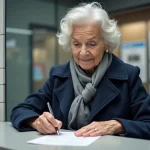 Femme senior souriante remplissant un formulaire à un guichet RATP