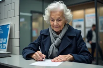 Femme senior souriante remplissant un formulaire à un guichet RATP