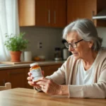 Femme senior lisant attentivement les effets secondaires d'un complément vitaminique Azinc à la maison