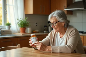 Femme senior lisant attentivement les effets secondaires d'un complément vitaminique Azinc à la maison