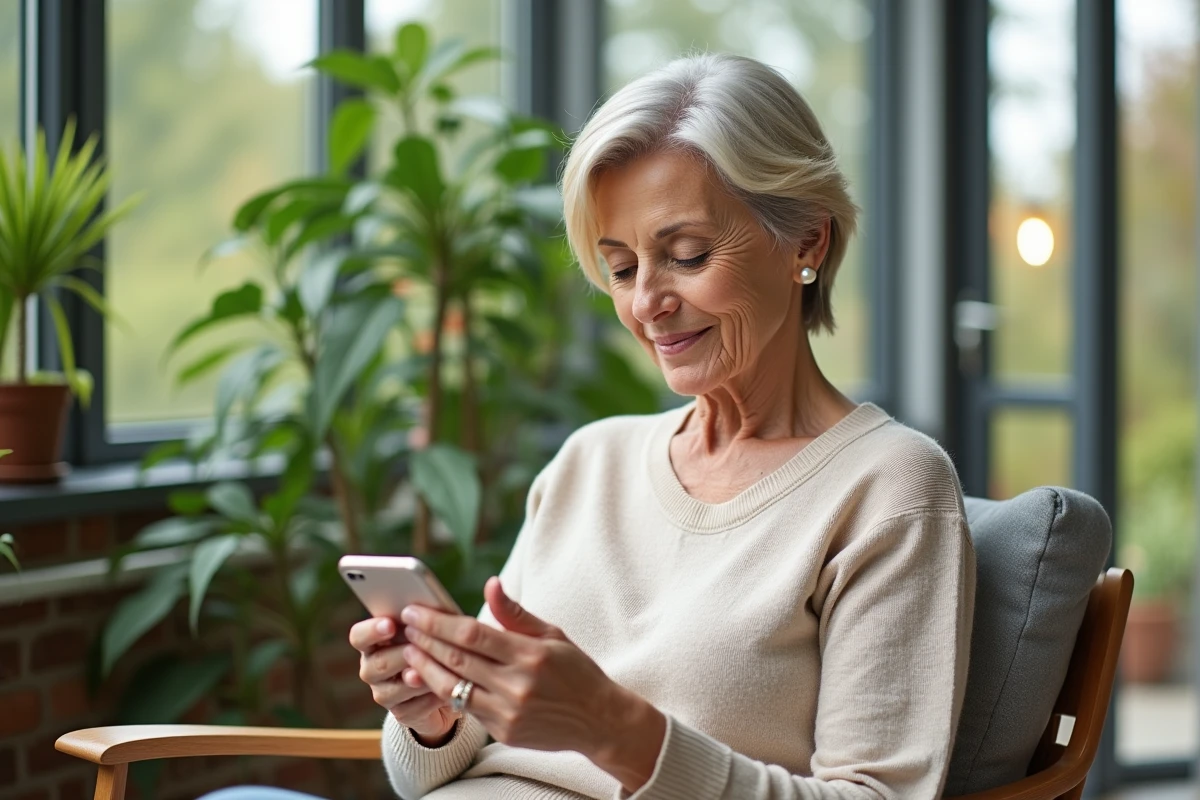 Femme senior lisant des messages sur son smartphone