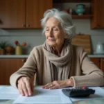 Femme senior pensive avec papiers sur la table