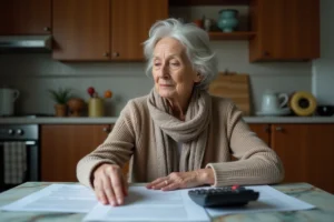 Femme senior pensive avec papiers sur la table