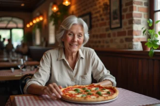 Femme senior souriante découvrant une pizza taille intermédiaire dans une trattoria italienne authentique