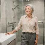 Femme senior souriante dans une salle de bain rénovée adaptée à l'autonomie, avec douche à l'italienne et barres d'appui