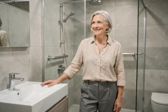 Femme senior souriante dans une salle de bain rénovée adaptée à l'autonomie, avec douche à l'italienne et barres d'appui
