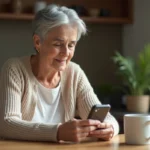 Une femme âgée tenant un téléphone mobile simple avec grands boutons, assise dans une cuisine chaleureuse