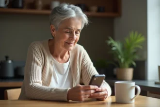 Une femme âgée tenant un téléphone mobile simple avec grands boutons, assise dans une cuisine chaleureuse