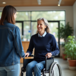 Femme souriante recevant un fauteuil roulant dans un centre de santé