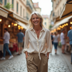 Femme souriante dans un marché européen animé