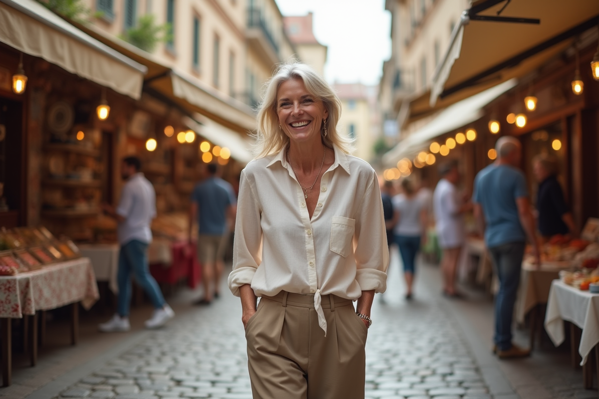 Femme souriante dans un marché européen animé