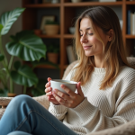 Femme détendue buvant une tisane dans un coin lecture