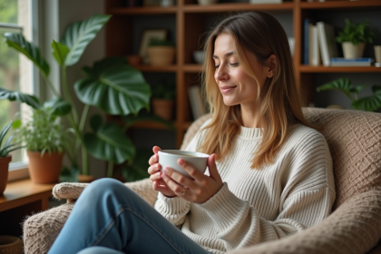 Femme détendue buvant une tisane dans un coin lecture