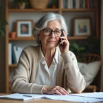 Femme d'une soixantaine parlant au téléphone dans son bureau