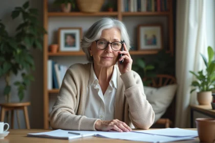 Femme d'une soixantaine parlant au téléphone dans son bureau