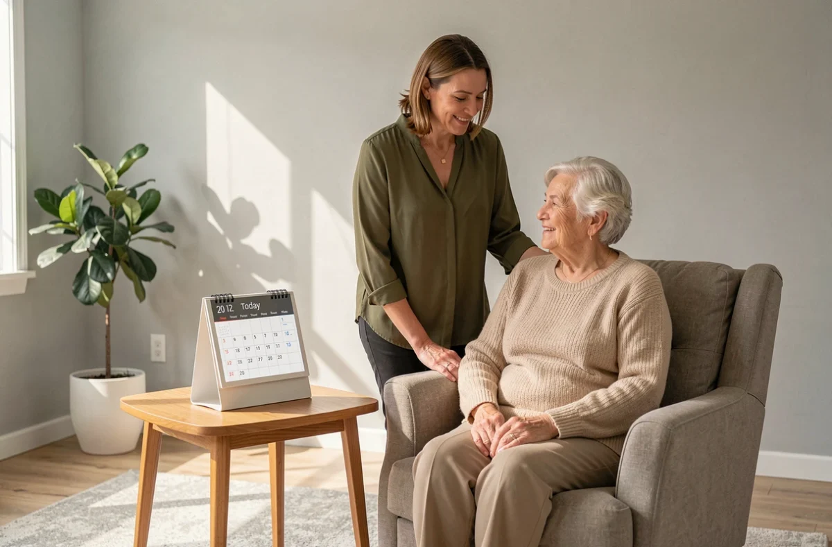 Une fille adulte aide sa mère âgée à utiliser un calendrier électronique senior pour gérer les repères temporels au quotidien