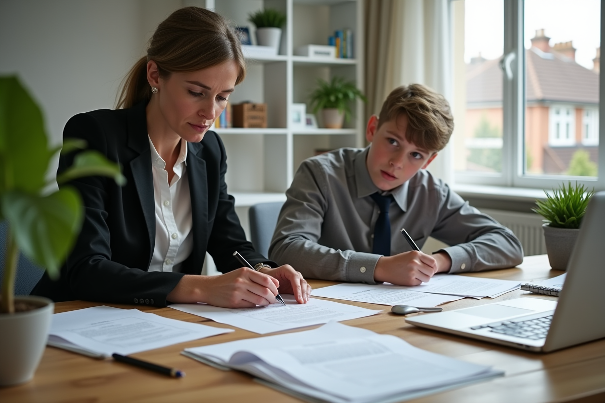 Femme d affaires remplissant des papiers avec son petit-fils