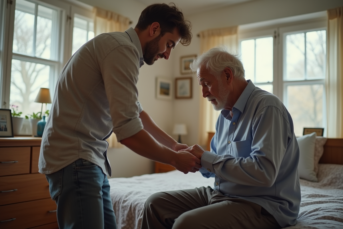 Fils aidant son père à boutonner une chemise dans la chambre