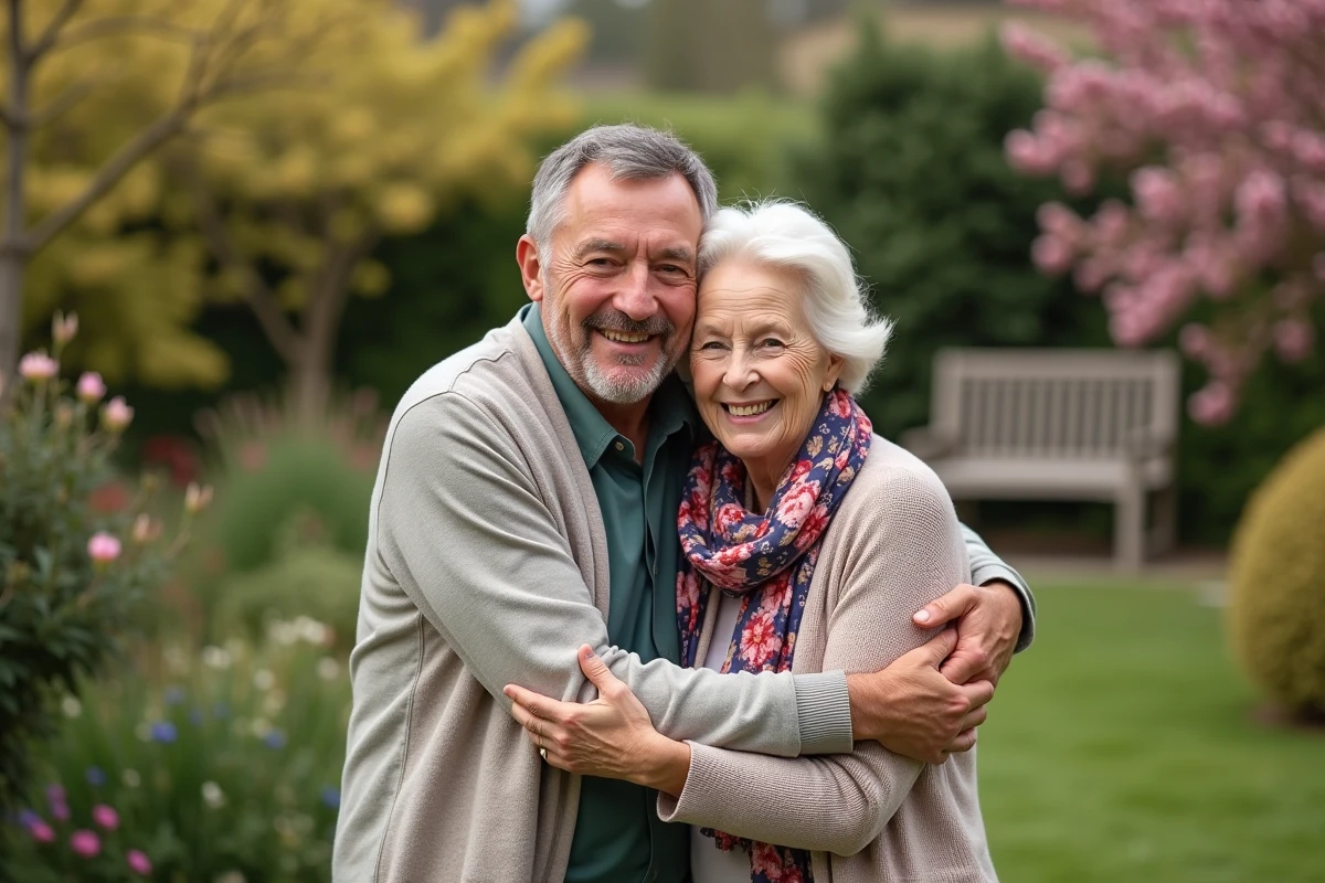 Fils embrassant sa mère dans un jardin fleuri au printemps