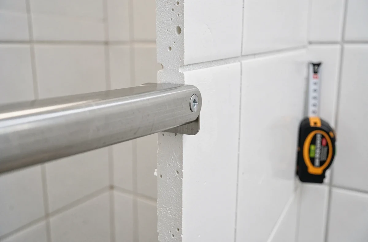 Détail de la fixation d'une barre d'appui PMR avec cheville spéciale pour plaque de plâtre et niveau à bulle pour vérification de la hauteur réglementaire