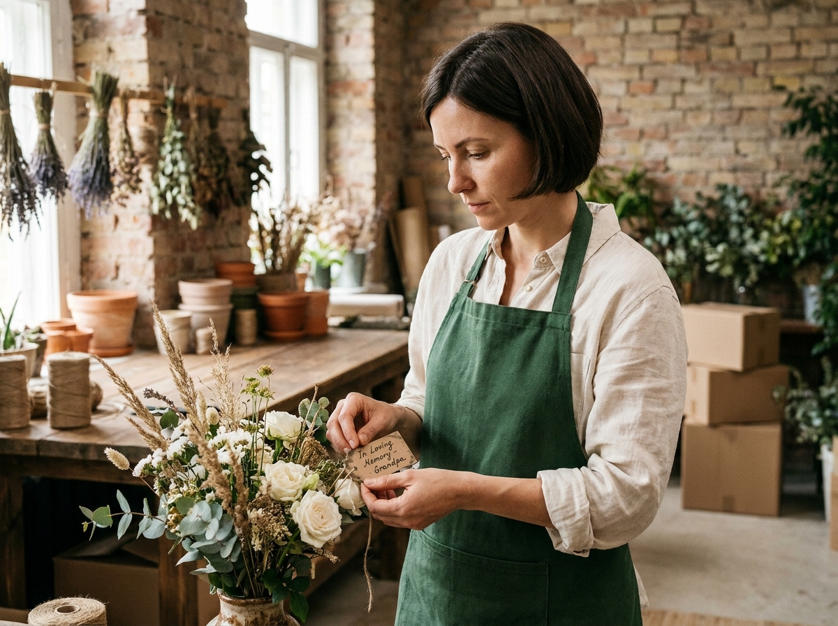 Fleuriste composant un bouquet funéraire artisanal personnalisé mêlant fleurs traditionnelles et éléments contemporains dans un atelier