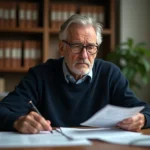 Gendarme retraité examinant ses documents de calcul de retraite à son bureau à domicile