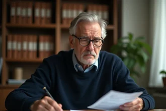 Gendarme retraité examinant ses documents de calcul de retraite à son bureau à domicile