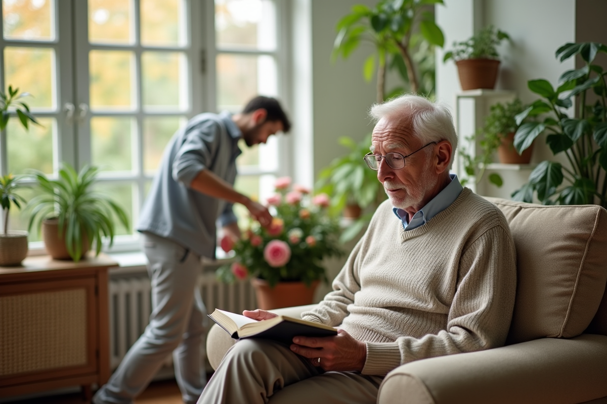 Grand-pere lisant un livre avec petit-fils arrangeant des fleurs