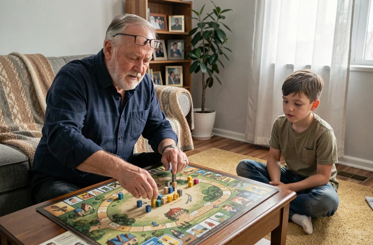 Grand-père concentré plaçant une pièce sur un plateau de jeu de société face à son petit-fils dans un appartement familial