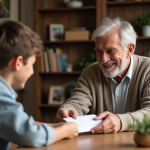 Grand-pere souriant donnant une enveloppe a son petit-fils