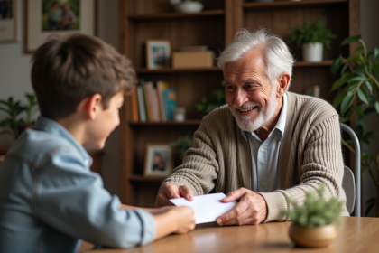 Grand-pere souriant donnant une enveloppe a son petit-fils