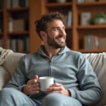 Homme adulte portant une grenouillère grise en polaire sur un canapé confortable avec une tasse de café