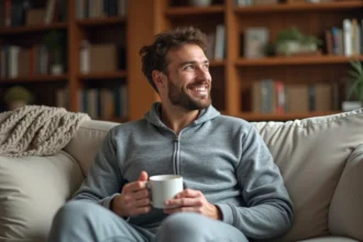 Homme adulte portant une grenouillère grise en polaire sur un canapé confortable avec une tasse de café