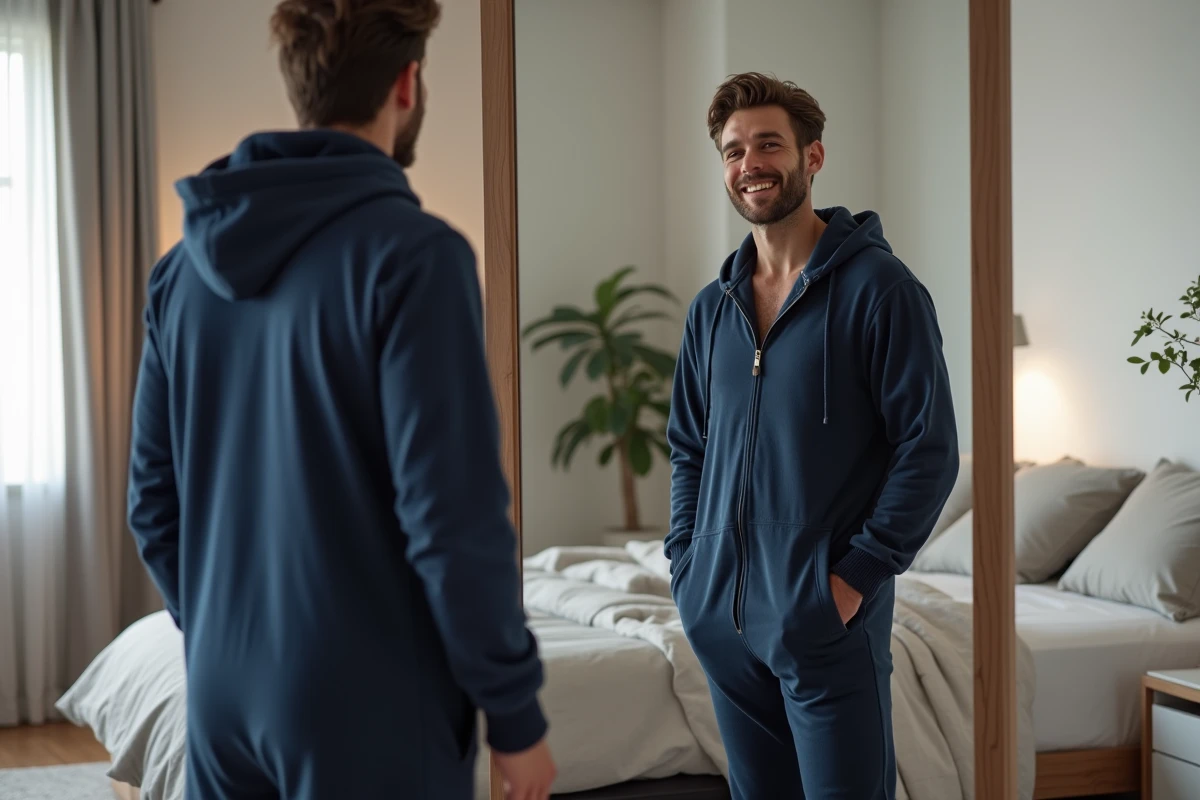 Homme en grenouillère haut de gamme bleu marine devant un miroir dans une chambre moderne au style scandinave