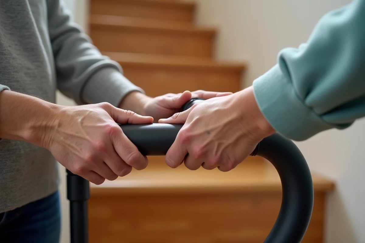 Gros plan sur les mains d'une personne âgée et d'un aidant utilisant un monte-escalier debout sans installation