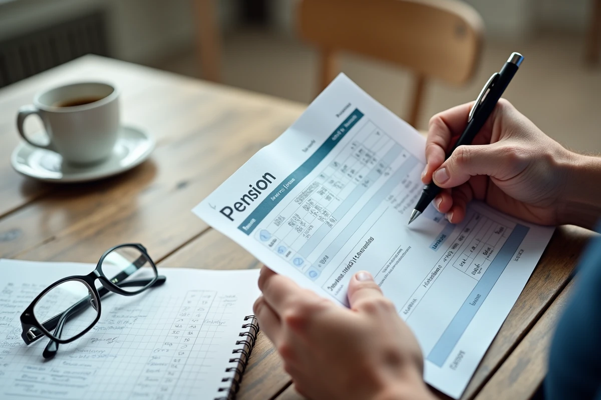 Gros plan de mains annotant un relevé de points Agirc-Arrco avec des calculs manuscrits sur une table de cuisine, optimisation retraite 2026